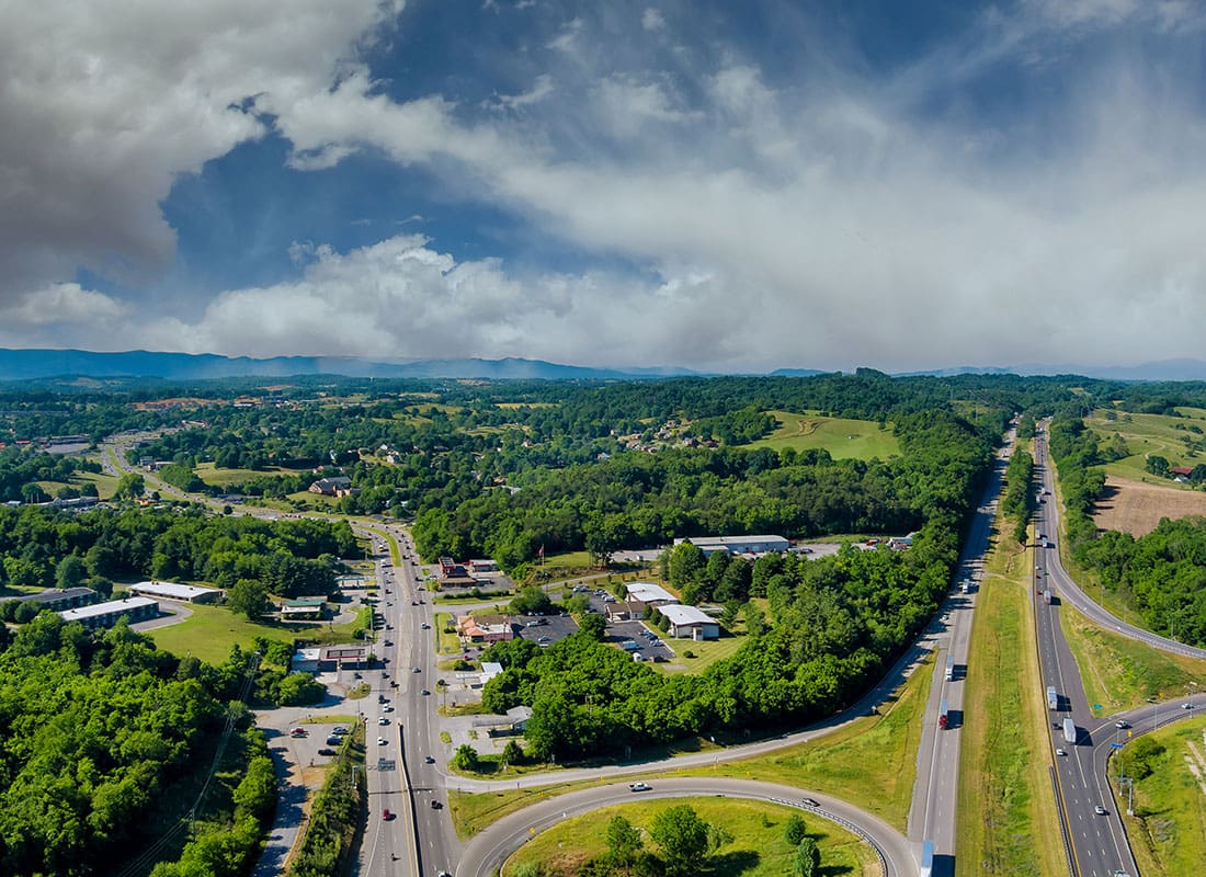 Princeton, WV - Aerial View of Mountains in West Virginia Valley From Intersection Traffic Circle Road in a Town